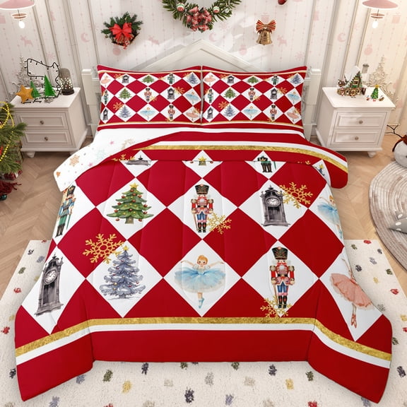 Manfei Fairy Tale Princess Queen Comforter Set, Kawaii Christmas Nutcracker Bedding Sets, Red Buffalo Plaid Reversible Bedding Comforter Set, Breathable Home Decor, 3-Piece