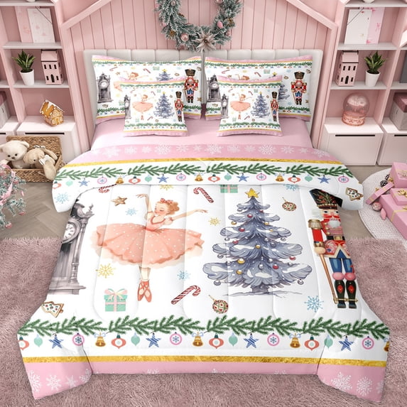 Manfei Fairy Tale Princess Twin Bedding Sets 7-Piece, Kawaii Cartoon Nutcracker Bedding Comforter Set, Merry Christmas Reversible Sheet Sets, Lightweight Room Decor