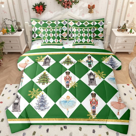 Manfei Fairy Tale Princess Twin Bedding Sets 7-Piece, Kawaii Christmas Nutcracker Bedding Comforter Set, Vintage Green Plaid Reversible Sheet Sets, Lightweight Room Decor