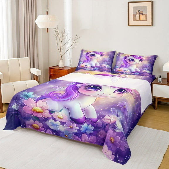 Manfei Fairy Tale Theme Bed Sheets Set Queen Size,Magic Animal Unicorn Bedding Sets Queen Size,Watercolor Flower Floral Bed Sheets Queen For Girls,Lightweight Bedroom Decor ,4pcs
