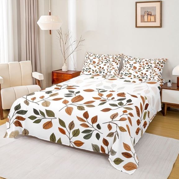 Manfei Fall Autumn Leaf Queen Sheet Sets for Female, Rustic Plant Botanical Flat Sheet, Vintage French Style Queen Fitted Sheet, Super Cozy Room Decor, 4pcs