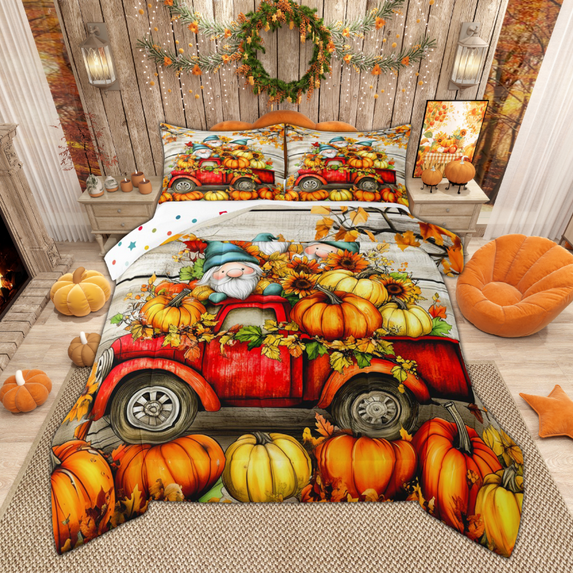Manfei Fall Gnome Bedding Comforter Set for Kids, Thanksgiving Day Pumpkin Twin Comforter Sets, Red Farm Truck Bedding Set, Luxury Bedroom Decor, Reversible 2-Piece