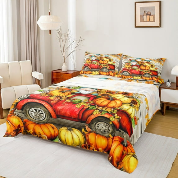 Manfei Fall Gnome Twin Sheet Sets 3 Pieces for Kids, Thanksgiving Day Pumpkin Twin Fitted Sheet, Red Farm Truck Flat Sheet, Luxury Bedroom Decor
