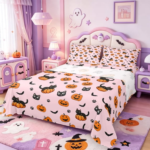 Manfei Fall Halloween Pattern Queen Sheets,Kawaii Pumpkin Lantern Queen Sheet Sets,4-Piece,1 Flat Sheet,1 Fitted Sheet and 2 Pillowcases