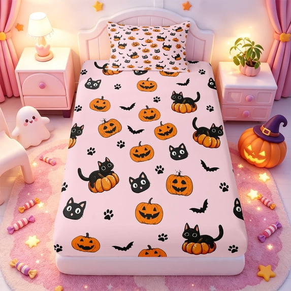 Manfei Fall Halloween Pattern Twin Fitted Sheet,Kawaii Pumpkin Lantern Bedding,2 Pieces,1 Fitted Sheet and 1 Pillowcase