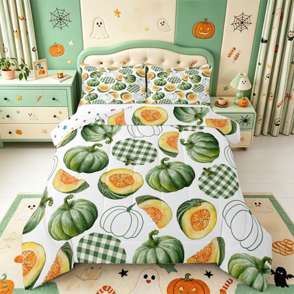 Manfei Fall Harvest Pattern King Size Comforter Sets,Cute Fall Pumpkin Pattern Comforters King Size,Polkadot Reversible,3pcs,1 Comforter and 2 Pillowcases