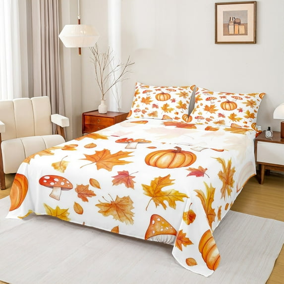 Manfei Fall Harvest Pumpkin Twin Sheet Sets, Wild Mushroom Plant Twin Fitted Sheet, Botanical Leaf Flat Sheet, Lightweight Room Decor 3-Piece