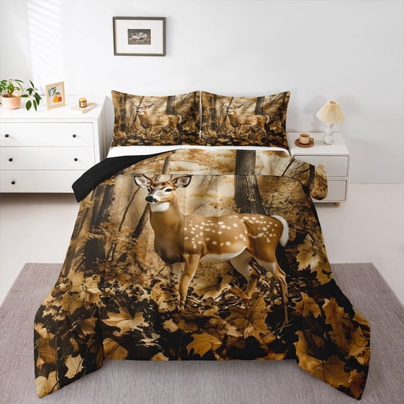 Manfei Fall Leaves Print Queen Comforter Set,Rustic Deer Comforter Sets Queen,Brown,Black Reversible,3pcs,1 Comforter and 2 Pillowcases