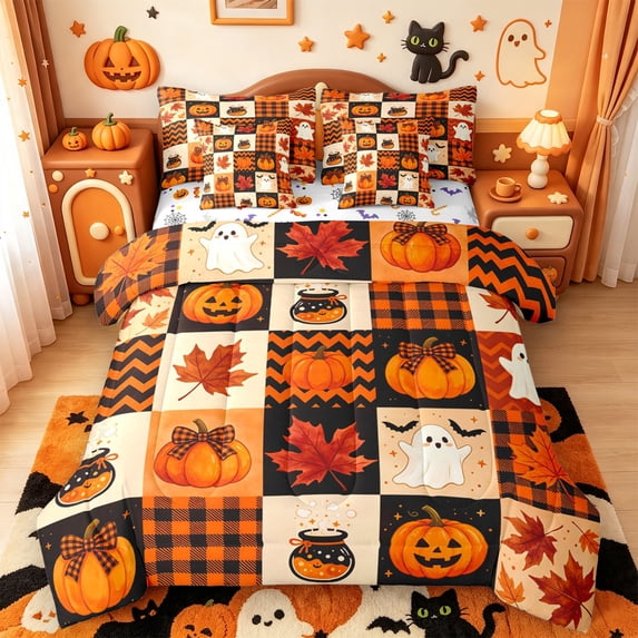 Manfei Fall Maples Leaf Pumpkin 7-Piece Twin Bedding,Kawaii Halloween Ghost Bedding Comforter Set,Halloween Reversible