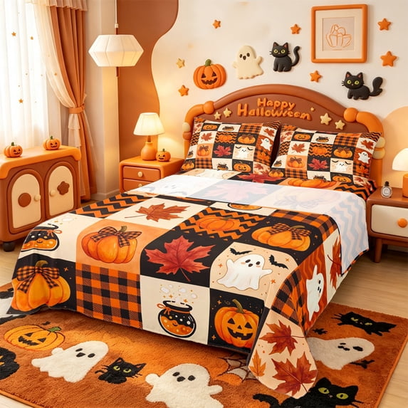 Manfei Fall Maples Leaf Pumpkin Bed Sheets,Kawaii Halloween Ghost Full Size Sheets,4pcs,1 Flat Sheet,1 Fitted Sheet and 2 Pillowcases
