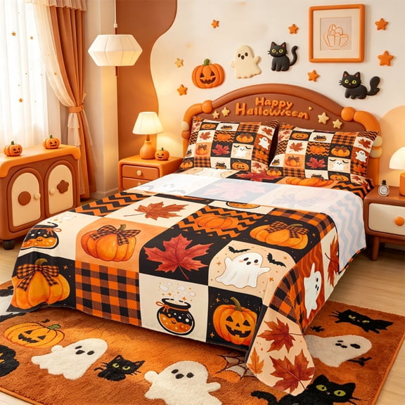 Manfei Fall Maples Leaf Pumpkin King Sheets,Kawaii Halloween Ghost Bedding,4 Pieces,1 Flat Sheet,1 Fitted Sheet and 2 Pillowcases
