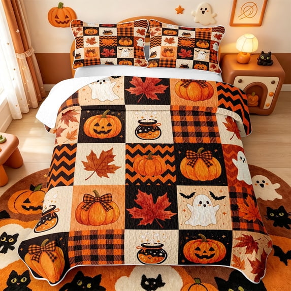 Manfei Fall Maples Leaf Pumpkin Quilt Full,Kawaii Halloween Ghost Full Bedspread Sets,3pcs,1 Coverlet and 2 Pillowcases