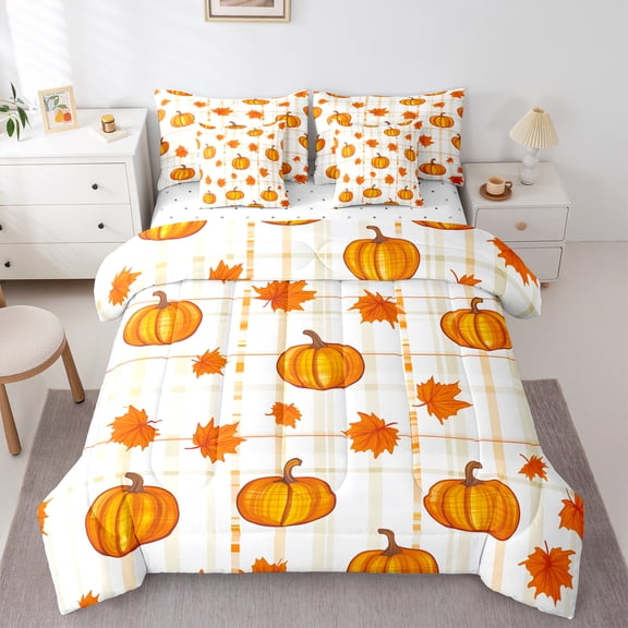 Manfei Fall Pumpkin 7-Piece Bedding Comforter Set,Rustic Maples King Bedding Sets,Orange Beige Bed Sheets For Children,Breathable Home Decor Reversible