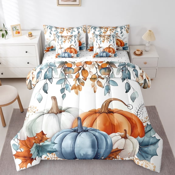 Manfei Fall Pumpkin 7pcs Bedding Comforter Set,Rustic Maples Leaves Queen Bedding Sets,Blue White Brown Queen Sheet Sets For Children,Breathable Home Decor Reversible