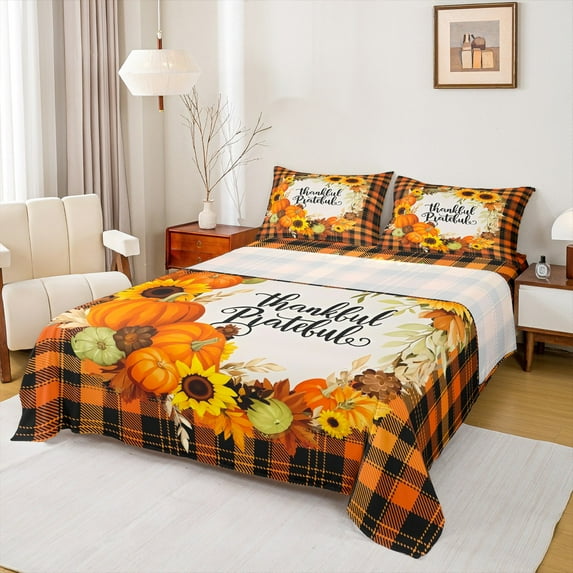 Manfei Fall Pumpkin Bed Sheets Twin, Thanksgiving Day Twin Sheet Sets, Vintage Buffalo Bedding Sets Twin Size, Lightweight Room Decor, 3 Pieces