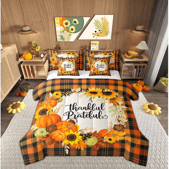 Manfei Fall Pumpkin Bed in a Bag Twin size, Thanksgiving Day Bed Set, Vintage Buffalo Reversible Bedding Twin Size, Lightweight Room Decor, 7 Pieces