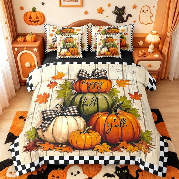 Manfei Fall Pumpkin Maples Leaf 7-Piece King Bedding,Harvest Season King Bed in a Bag,Black Reversible