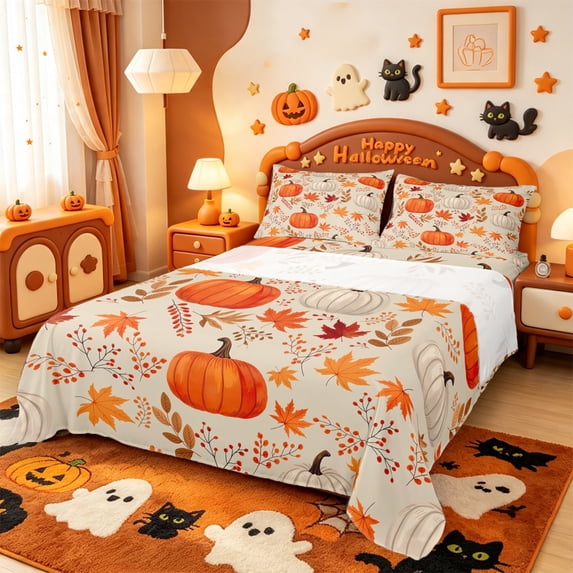 Manfei Fall Pumpkin Print Bed Sheets,Maple Leaf Fall Print Full Size Sheets,4-Piece,1 Flat Sheet,1 Fitted Sheet and 2 Pillowcases