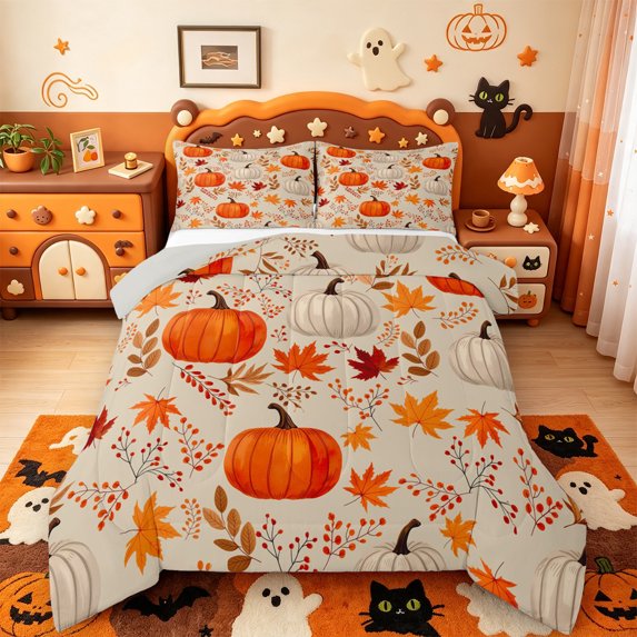 Manfei Fall Pumpkin Print Full Size Comforter Sets,Maple Leaf Fall Print Bedding Comforter Set,Light Gray Reversible,3pcs,1 Comforter and 2 Pillowcases