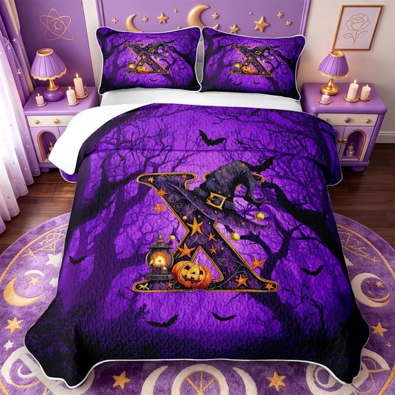 Manfei Fall Pumpkin Print Quilt King,Personalized Halloween Monogrammed X King Coverlet Set,3 Pieces,1 Bedspread and 2 Pillowcases