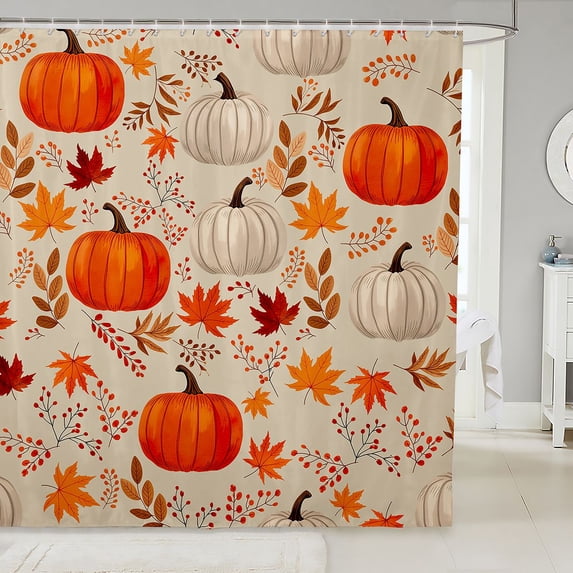 Manfei Fall Pumpkin Print Shower Curtain 72Wx72L,Maple Leaf Fall Print Bathroom Curtain