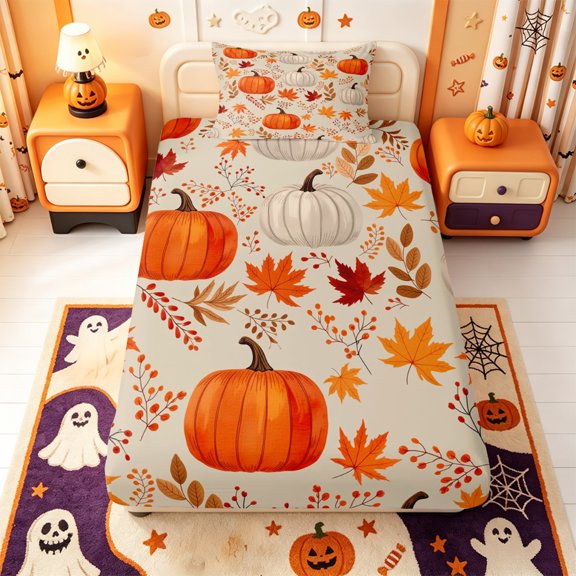 Manfei Fall Pumpkin Print Twin Fitted Sheet,Maple Leaf Fall Print Bedding,2pcs,1 Fitted Sheet and 1 Pillowcase