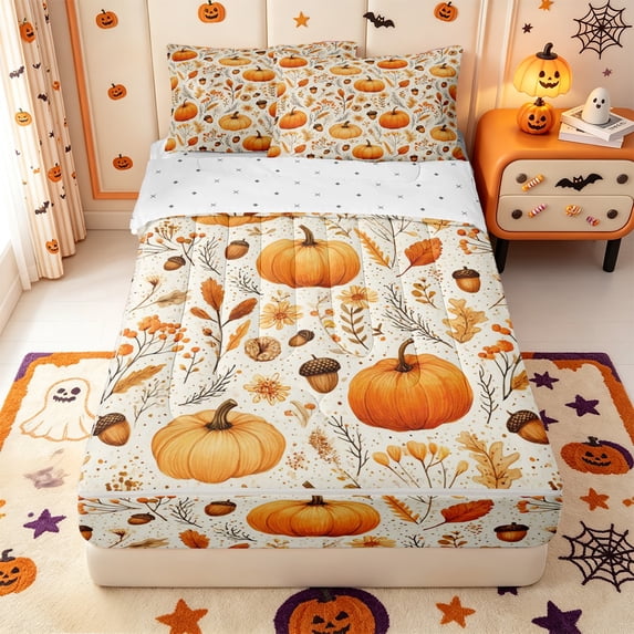Manfei Fall Pumpkin Print Zipper Twin Comforter Sets with Fitted Sheet and 2 Pillowcases,Thanksgiving Pattern Zipper Bedding Set,Reversible,4pcs