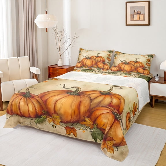 Manfei Fall Pumpkin Twin Sheet Sets,Rustic Maples Twin Fitted Sheet,Orange Beige Flat Sheet For Teens,Breathable Home Decor,3pcs