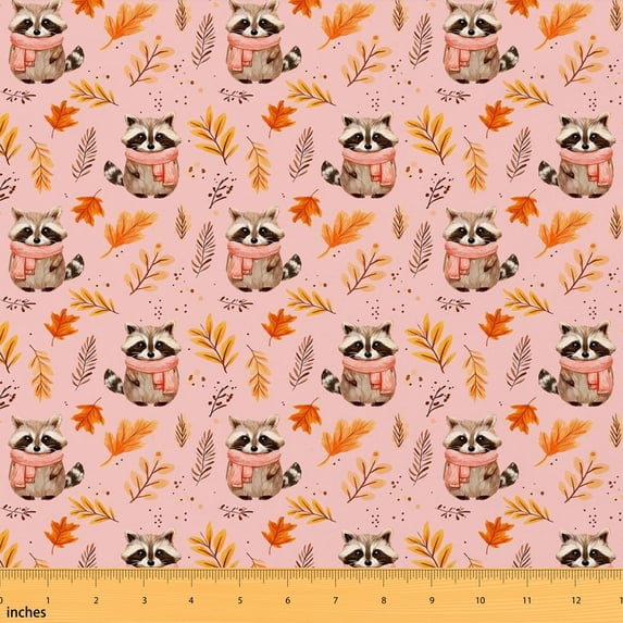 Manfei Fall Raccoon Animal Fabric by the Yard 2 Yards, Watercolor Leaf Sewing Fabric, Light Pink Orange Brown
