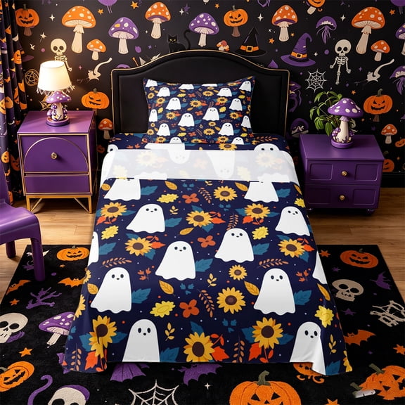 Manfei Fall Sunflower Ghost Twin Sheets 3pcs, Autumn Floral Happy Halloween Bedding, Navy Blue Yellow Orange,1 Fitted Sheet, 1 Flat Sheet and 1 Pillowcase