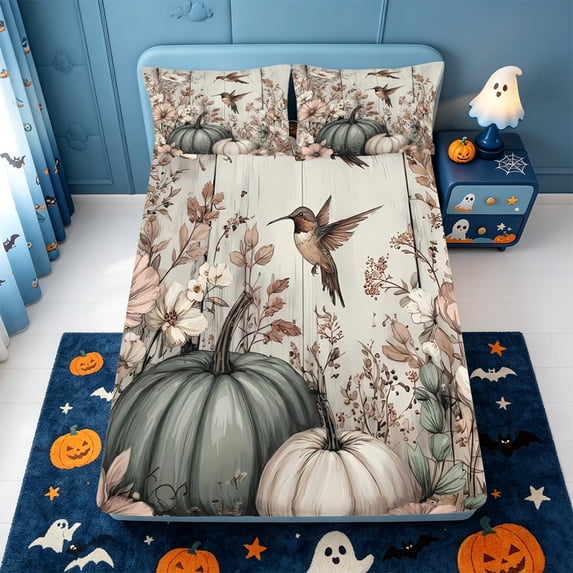Manfei Fall Thanksgiving Theme Fitted Sheet Full,Fall Pumpkin Print Bed Set,3pcs,1 Fitted Sheet and 2 Pillowcases