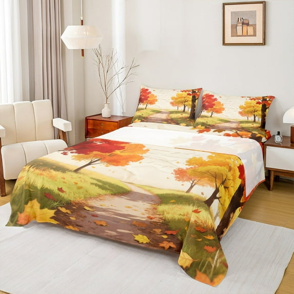 Manfei Fallen Maple Leaves Bed Sheets, Botanical Plant King Sheets, Fall Autumn Theme Sheet Set, Ultra Soft Home Decor 4pcs
