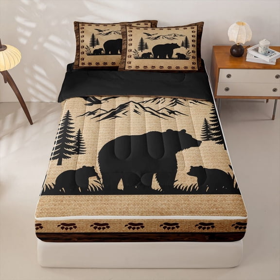 Manfei Family Bear Check Zipper Twin Comforter Sets with Fitted Sheet and 2 Pillowcases,Vintage Pine Plaid Zipper Bedding Set,Brown,Black Reversible,4pcs