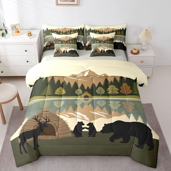 Manfei Family Bear Pattern 7pcs Queen Bedding,Natural Deer Bedding Comforter Set Queen,Brown,Light Gray Reversible