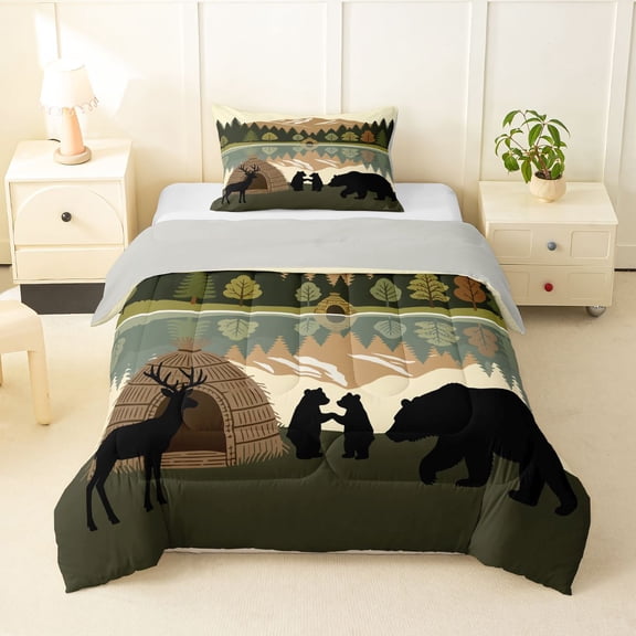 Manfei Family Bear Pattern Twin Comforter Sets,Natural Deer Bedding Set,Brown,Light Gray Reversible,2 Pieces,1 Comforter and 1 Pillowcase