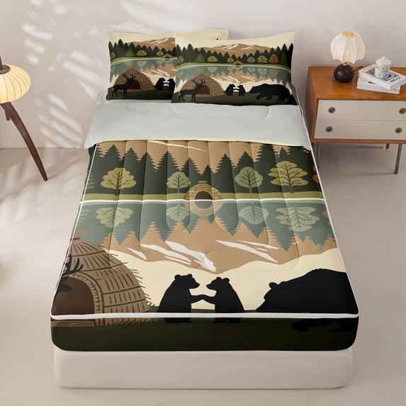 Manfei Family Bear Pattern Zipper Twin Comforter Sets with Fitted Sheet and 2 Pillowcases,Natural Deer Zipper Bedding Set,Brown,Light Gray Reversible,4pcs