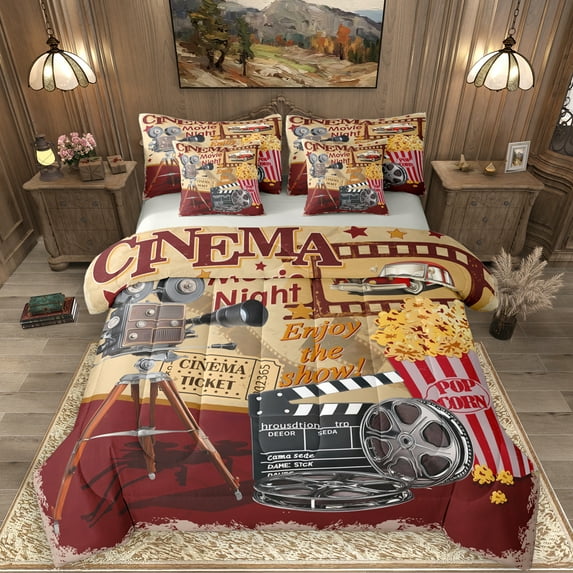 Manfei Family Theater 7 Pieces Bedding Comforter Set, Enjoy the Show Full Bedding Set, Vintage Film Theme Reversible Fitted Sheet Flat Sheet, Microfiber Bedroom Decor