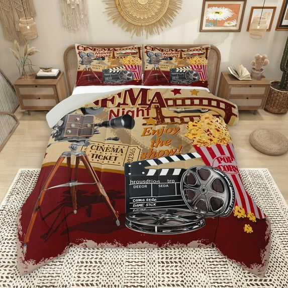 Manfei Family Theater Queen Comforter Set, Enjoy the Show Bedding Sets, Vintage Film Theme Reversible Bedding Comforter Set, Microfiber Bedroom Decor, 3 Pieces