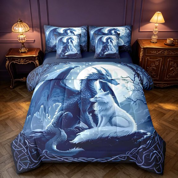 Manfei Fantasy Blue Dragon Animals 7-Piece Twin Bedding,Tree Flower Moon Bedding Comforter Set,Navy,Navy Blue Reversible