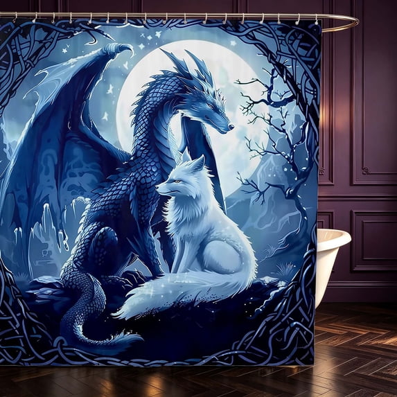 Manfei Fantasy Blue Dragon Animals Shower Curtain 72Wx72L,Tree Flower Moon Bathroom Curtain,Navy