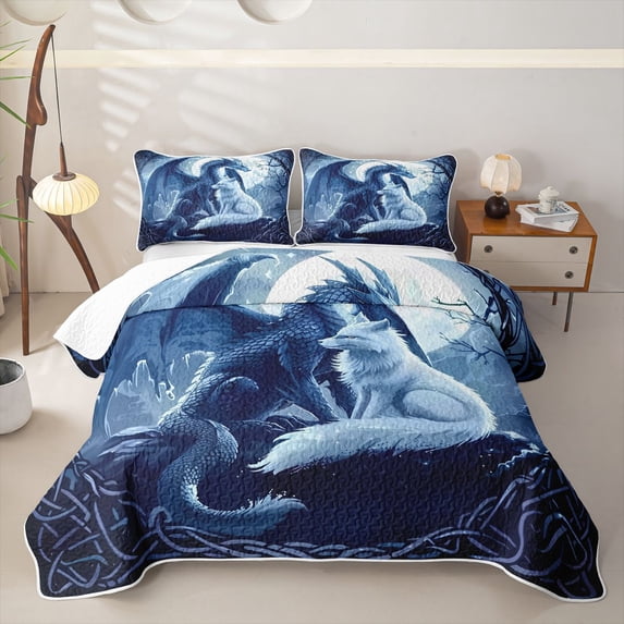 Manfei Fantasy Blue Dragon Animals Twin Quilt Set,Tree Flower Moon Twin Coverlet Set,Navy,2-Piece,1 Bedspread and 1 Pillowcase