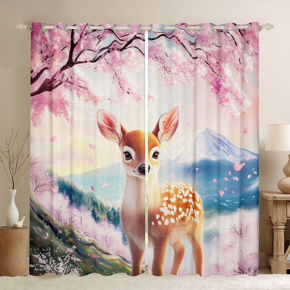 Manfei Fantasy Deer Black Out Curtains for Girls, Fuji Sakura Curtains Pack of 2 (42x63 Each), Pink Brown Blue