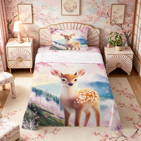 Manfei Fantasy Deer Twin Sheet Sets for Girls, Fuji Sakura Bedding, Pink Brown Blue 3pcs, 1 Flat Sheet, 1 Fitted Sheet and 1 Pillowcase