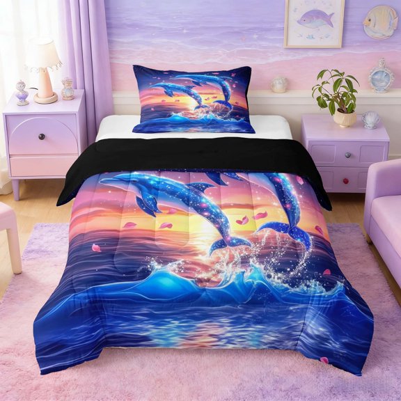 Manfei Fantasy Dolphin Twin Comforter Sets for Kids Boys and Girls, Marine Animal Print Bedding Set, Black Reversible 2 Pieces, 1 Comforter and 1 Pillowcase