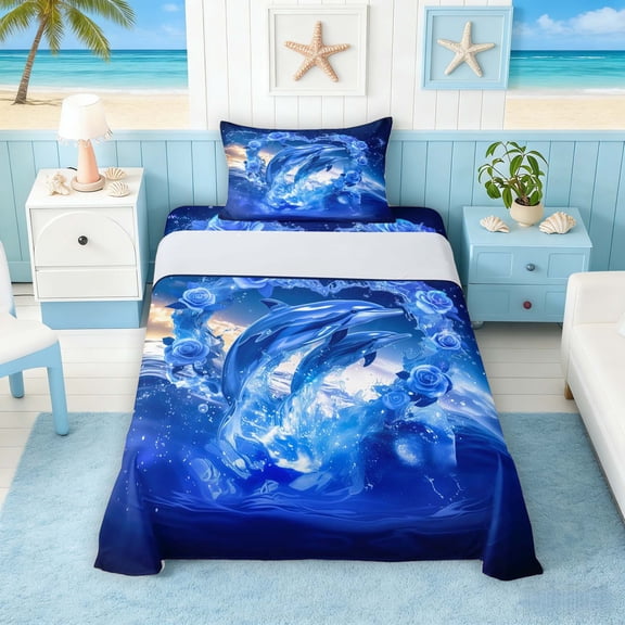 Manfei Fantasy Dolphin Twin Sheet Sets for Kids Boys and Girls, Romantic Ocean Print Bedding 3-Piece, 1 Flat Sheet, 1 Fitted Sheet and 1 Pillowcase