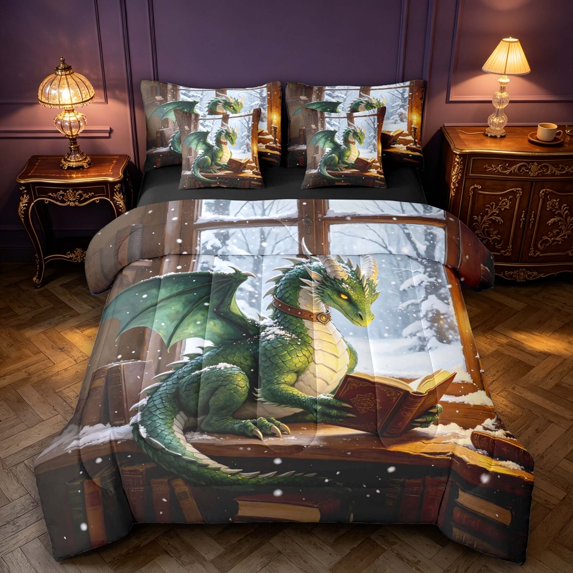 Manfei Fantasy Dragon Animals 7-Piece King Bedding,Gothic Snow Book King Bed in a Bag,Orange Blue,Black Reversible