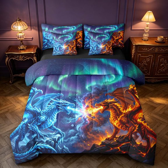 Manfei Fantasy Dragon Animals 7-Piece Twin Bedding,Gothic Aurora Bedding Comforter Set,Blue Orange,Black Reversible