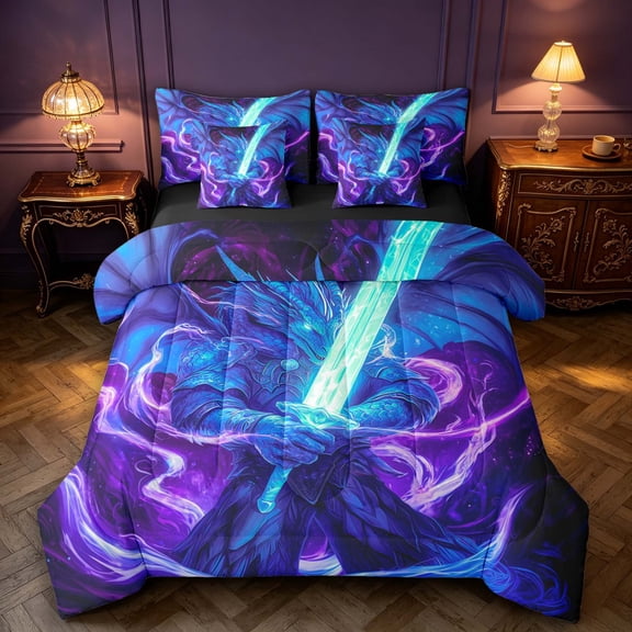 Manfei Fantasy Dragon Animals 7 Pieces Full Size Bedding Sets,Gothic Cloud Stars Full Size Bed in a Bag,Black Reversible