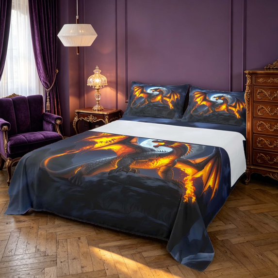 Manfei Fantasy Dragon Animals Bed Sheets,Gothic Mountain Cloud Full Size Sheets,Blue Orange,4-Piece,1 Flat Sheet,1 Fitted Sheet and 2 Pillowcases