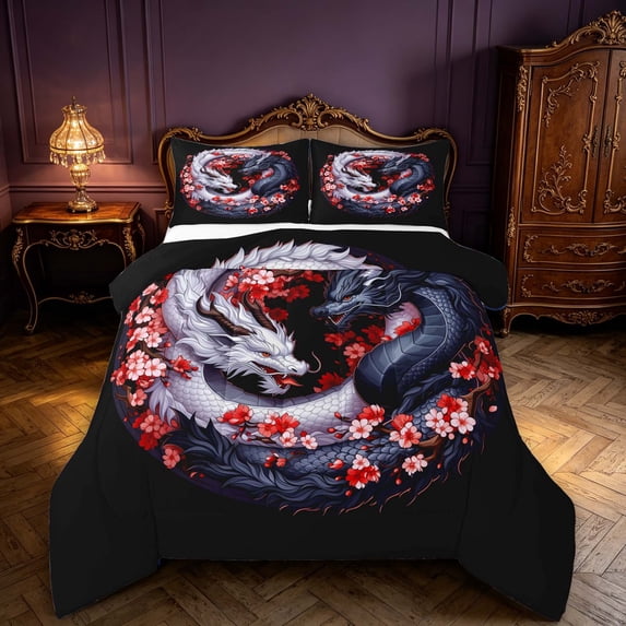 Manfei Fantasy Dragon Animals Full Size Comforter Sets,Gothic Flower Bedding Comforter Set,Blue Red,Black Reversible,3-Piece,1 Comforter and 2 Pillowcases
